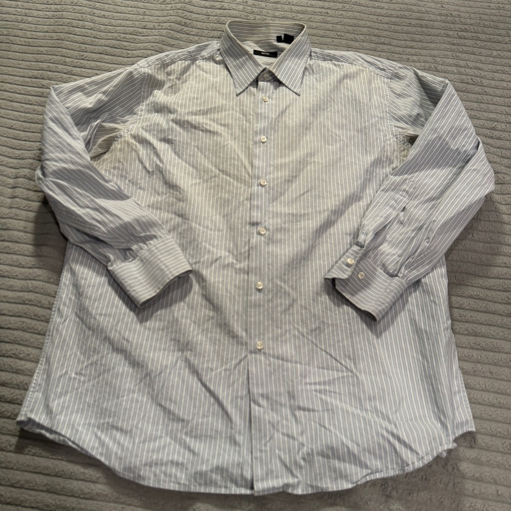 BOSS Hugo Boss Dress Shirt Mens 17.5 32/33 Blue White Striped Cotton Preppy